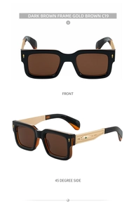 Detailed front and side views of dark brown square sunglasses with gold metal temples