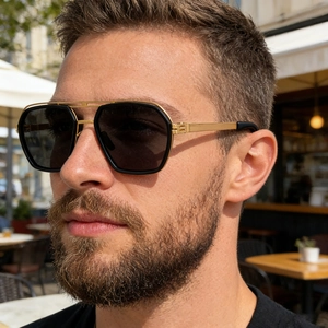 Men's retro square polarized sunglasses with gold stainless steel frame and dark lenses