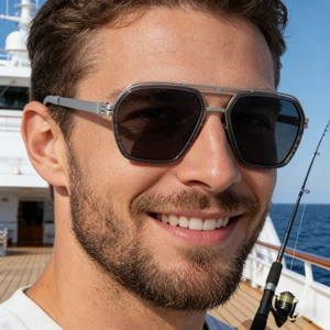 Polarized sunglasses for men with double-bridge stainless steel frame on a yacht