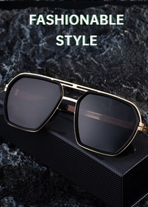 Close-up of golden stainless steel double bridge aviator frame with CE mark