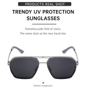 Detail showing the double-bridge stainless steel frame and polarized UV lenses of sunglasses