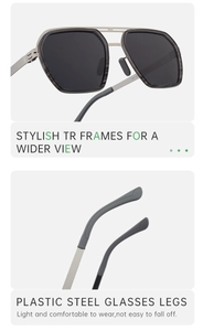 Detail of square polarized sunglasses with retro double bridge and TR stainless steel frame