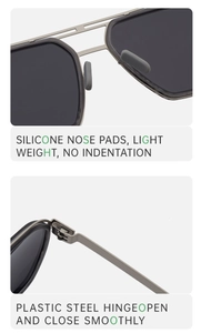 Detail of soft silicone nose pads and smooth plastic steel hinges on square sunglasses