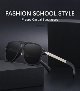 Detail showing matte black square frame and double-bridge metal temples of these sunglasses