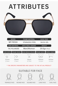 Detailed specs of square polarized sunglasses with stainless steel frame and TAC lenses