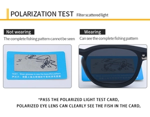 Detail view of polarized lenses with test card showing anti-glare function for square sunglasses