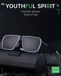 Detail of futuristic square sunglasses with black frame and grey lenses on leather case