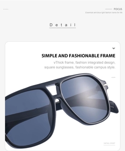 Close-up of square black frame detail with anti-blue light lenses and metal rivet decor