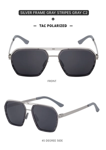 Dual-beam polarized square sunglasses with silver metal frame and gray stripe details
