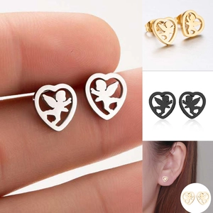 Boucles D'oreilles Puces Cœur Acier Inoxydable Ajouré Ange Cupidon Silhouette Mignon Bijoux Romantiques Femmes