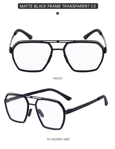 Matte black aviator square glasses with dual bridge and clear lenses in dual-angle views