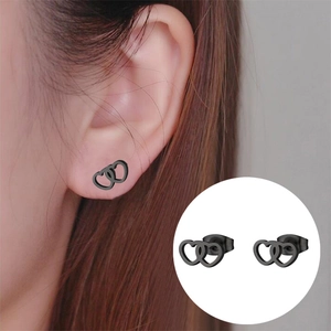 Minimalist black double interlocking heart stainless steel stud earrings for couples