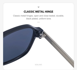 Detailed view of durable black plated metal hinge on square polarized sunglasses