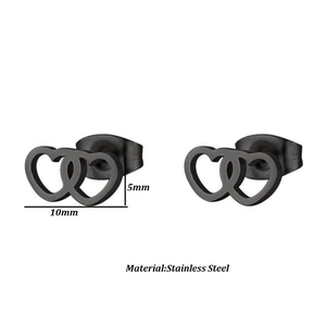 Double heart stainless steel stud earrings in black finish dimensions 10x5mm