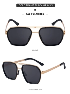 Front and 45-degree side view of gold square frame polarized sunglasses with double bridge