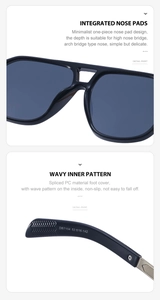Macro detail of square polarized sunglasses showing bridge design and textured temples