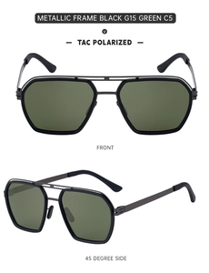 Macro detail of black metallic frame and G15 green TAC polarized lenses on sunglasses