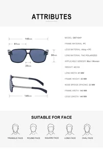 Detailed technical size chart for polarized square sunglasses with frame measurements