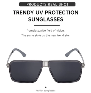 Detail of frameless sunglasses with UV protection and textured metal bridge bridge decor