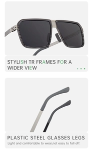Detail view of stylish TR frames and plastic steel legs on square polarized sunglasses