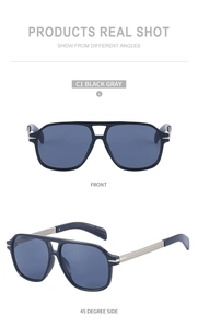 Detailed views of black square polarized sunglasses with double bridge and metal temples