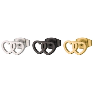 Three pairs of interlocking heart stud earrings in silver, black and gold finishes