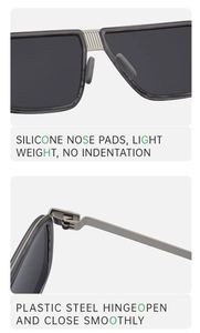 Detail of grey polarized sunglasses with silicone nose pads and durable silver hinges