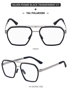 Detail of silver double-bridge sunglasses with black transparent polarized lenses