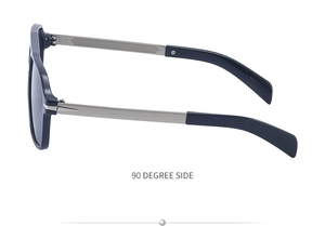 90 degree side view of square polarized sunglasses with metal temples and dark lenses