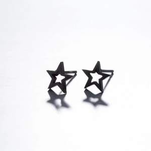 Macro shot of matte black stainless steel geometric star earrings with hollow design