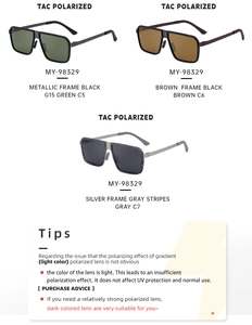 Various polarized square sunglasses with metal frames and TAC lenses in multiple colors