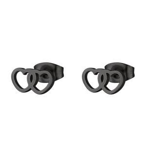 Detail showing interlocking double heart stud earrings with matte black finish