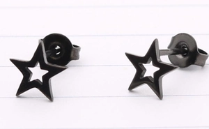 Macro shot of geometric hollow star stud earrings in black finish with butterfly backings