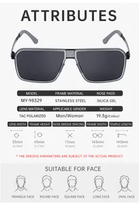 Size chart showing stainless steel sunglasses dimensions and polarized lens technical details