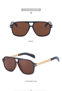 Front and side view of square aviator sunglasses with black frame and brown lenses
