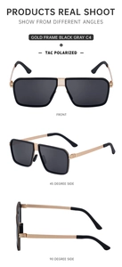 Detailed views of gold square stainless steel sunglasses with black TAC polarized lenses