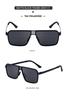Macro detail of matte black square stainless steel sunglasses with gray polarized lenses
