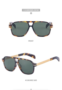 Front and side view of square polarized sunglasses with brown demi frame and gold metal temples