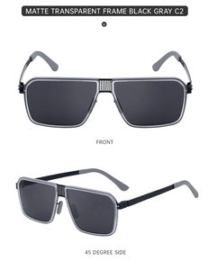 Detail view of vintage double bridge square sunglasses with matte transparent gray frames
