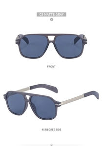 Front and side view of matte gray aviator sunglasses with classic double bridge design
