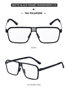 Detail view of matte black stainless steel sunglasses frame with polarized TAC lenses