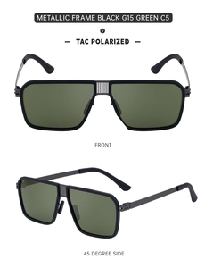 Close-up of black metallic double bridge frame and TAC polarized lenses of sunglasses