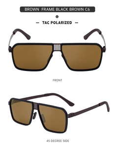 Detail view of retro square stainless steel polarized sunglasses with TAC C6 lenses