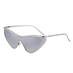 Fashionable silver metallic cat-eye sunglasses with light gray lenses in Y2K cyberpunk style