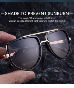 Détail de lunettes de soleil carrées avec pont en métal doré et modèle XH-90660 SBD