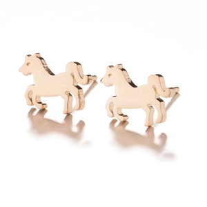 Minimalist animal stud earrings featuring polished rose gold running horse design