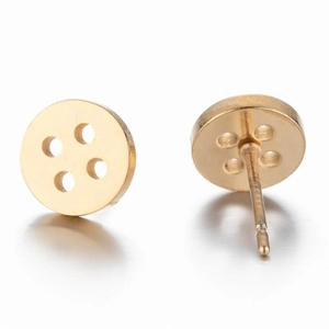 Minimalist round golden stainless steel button stud earrings with a four-hole geometric design