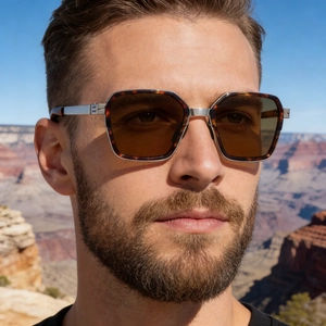 Detail of tortoise square polarized sunglasses featuring matte silver metal hinges on men