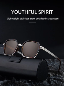 Macro shot of silver stainless steel temples and tortoise shell frame with dark polarized lenses