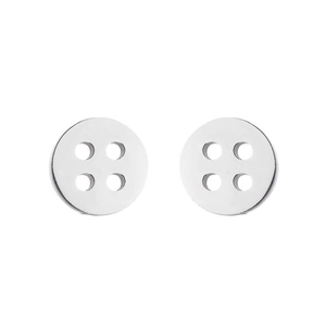Macro shot of silver polished stainless steel four-hole button stud earrings on white background